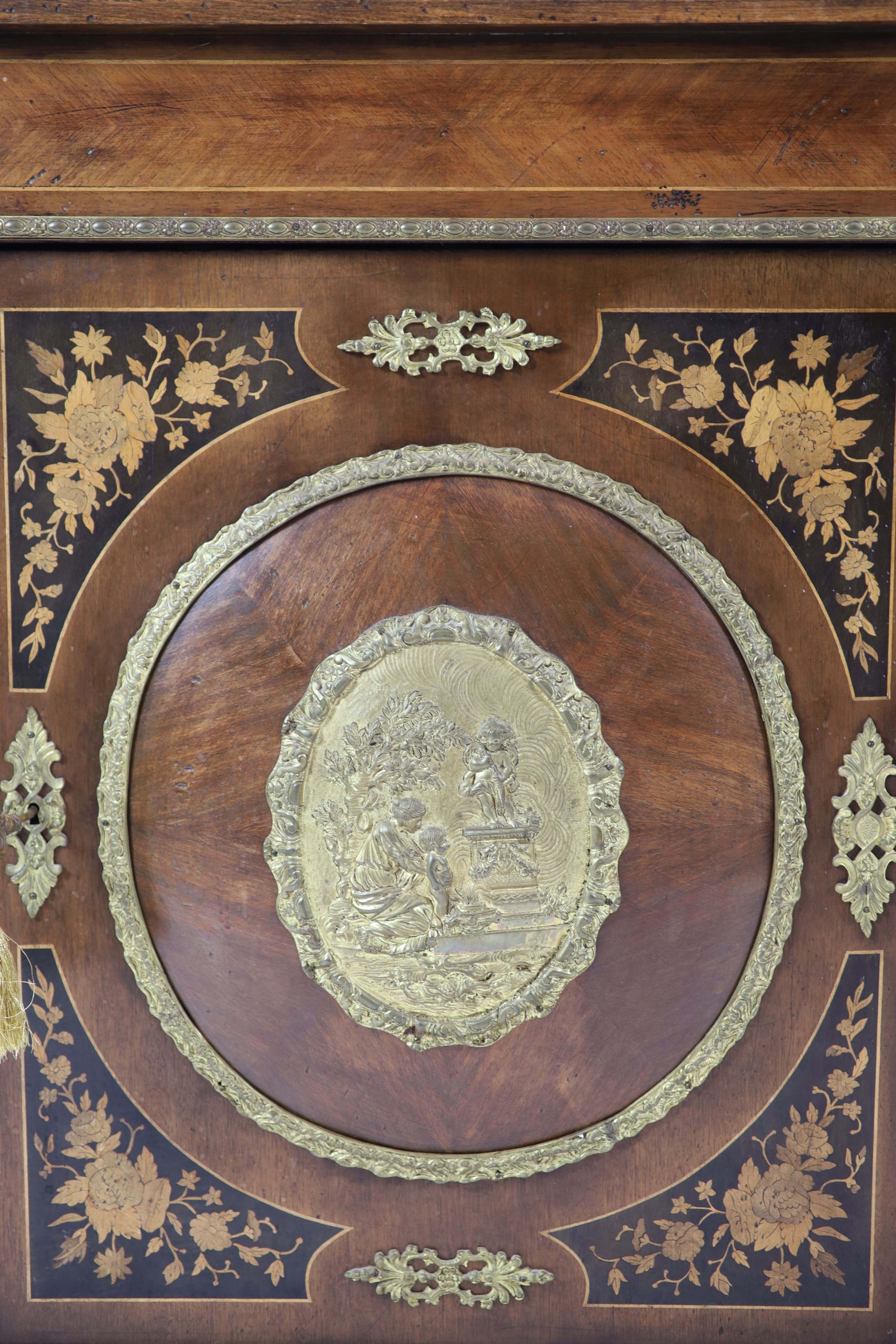 A Louis XVI style marquetry inlaid walnut, marble topped pier cabinet, width 84cm, depth 40cm, height 103cm
